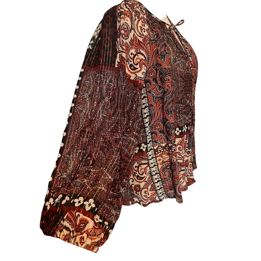 Zara Women L Tie Neck Peasant Blouse Paisley Patchwork Top Burgundy Gold Boho - Picture 2 of 11